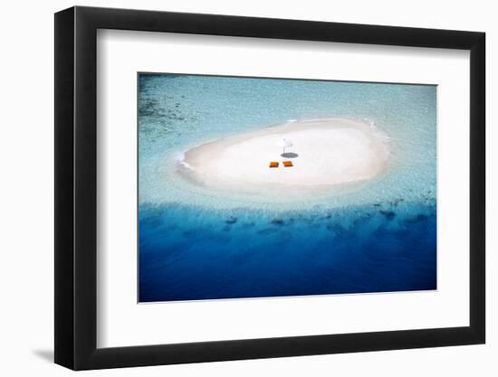 Aerial view of a sandbank, pillows and sun umbrella , Maldives, Indian Ocean, Asia-Sakis Papadopoulos-Framed Photographic Print