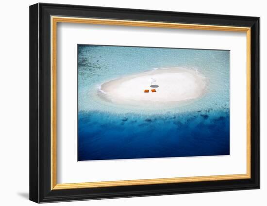 Aerial view of a sandbank, pillows and sun umbrella , Maldives, Indian Ocean, Asia-Sakis Papadopoulos-Framed Photographic Print