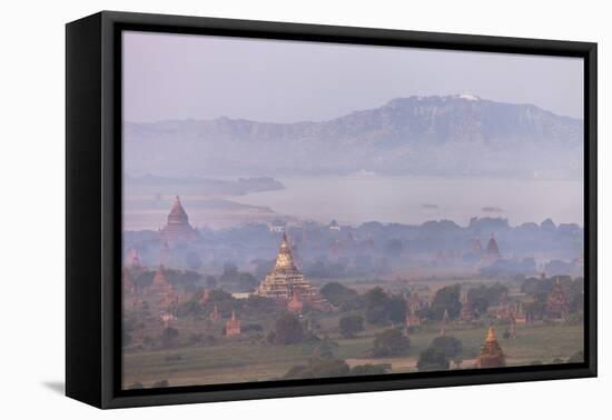 Aerial View of Ancient Temples of Bagan at Sunrise with Mount Popa in Background, Myanmar-Harry Marx-Framed Premier Image Canvas