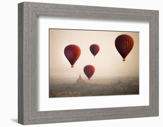 Aerial View of Balloons over Ancient Temples of Bagan at Sunrise in Myanmar-Harry Marx-Framed Photographic Print