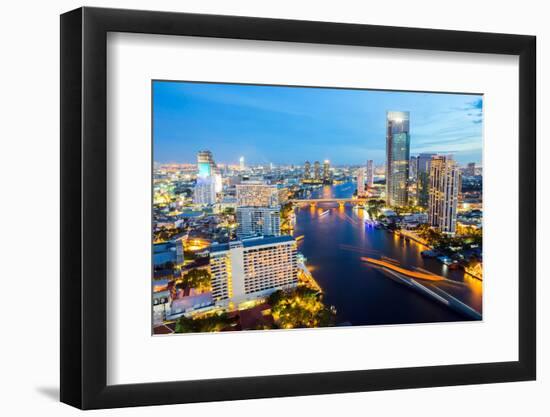 Aerial View of Bangkok Skyline along Chaophraya River Sunset Twilight-vichie81-Framed Photographic Print