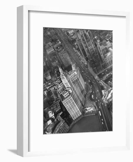 Aerial View of Buildings and a Bridge Crossing a River Flowing Through the City-Margaret Bourke-White-Framed Premium Photographic Print