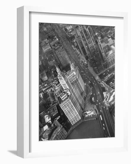 Aerial View of Buildings and a Bridge Crossing a River Flowing Through the City-Margaret Bourke-White-Framed Premium Photographic Print