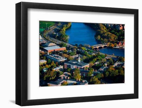 AERIAL VIEW of Cambridge and Anderson Memorial Bridge leading to Weld Boathouse, Harvard on Char...-null-Framed Photographic Print