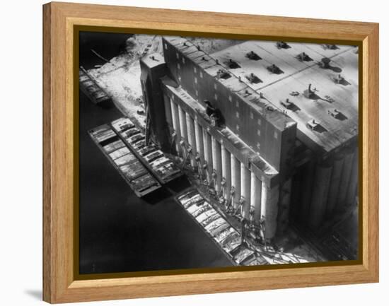 Aerial View of Cargill Grain Elevator with Barges Lined up on the Bank of the Chicago River-Margaret Bourke-White-Framed Premier Image Canvas