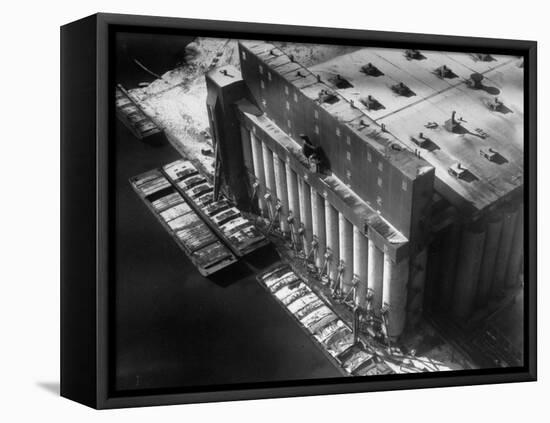 Aerial View of Cargill Grain Elevator with Barges Lined up on the Bank of the Chicago River-Margaret Bourke-White-Framed Premier Image Canvas