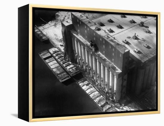 Aerial View of Cargill Grain Elevator with Barges Lined up on the Bank of the Chicago River-Margaret Bourke-White-Framed Premier Image Canvas