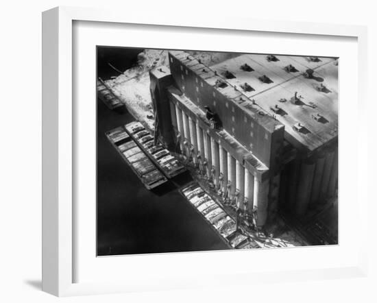 Aerial View of Cargill Grain Elevator with Barges Lined up on the Bank of the Chicago River-Margaret Bourke-White-Framed Photographic Print