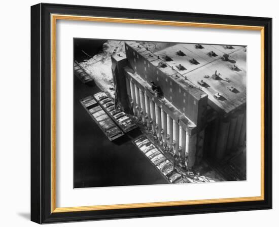 Aerial View of Cargill Grain Elevator with Barges Lined up on the Bank of the Chicago River-Margaret Bourke-White-Framed Photographic Print