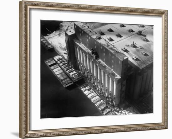 Aerial View of Cargill Grain Elevator with Barges Lined up on the Bank of the Chicago River-Margaret Bourke-White-Framed Photographic Print