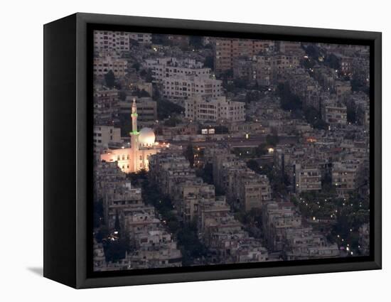 Aerial View of City at Night Including a Floodlit Mosque, Damascus, Syria, Middle East-Christian Kober-Framed Premier Image Canvas