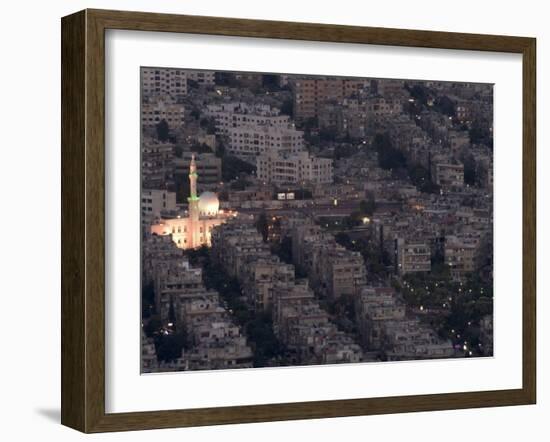 Aerial View of City at Night Including a Floodlit Mosque, Damascus, Syria, Middle East-Christian Kober-Framed Photographic Print