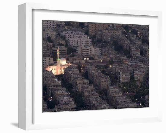 Aerial View of City at Night Including a Floodlit Mosque, Damascus, Syria, Middle East-Christian Kober-Framed Photographic Print