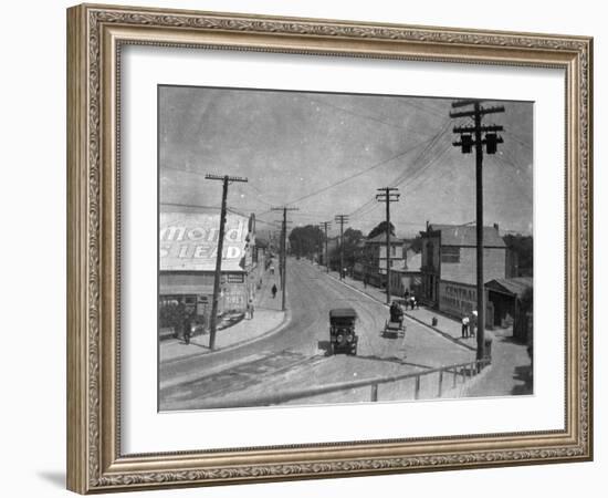 Aerial View of City Street near Beach - Santa Cruz, CA-Lantern Press-Framed Art Print