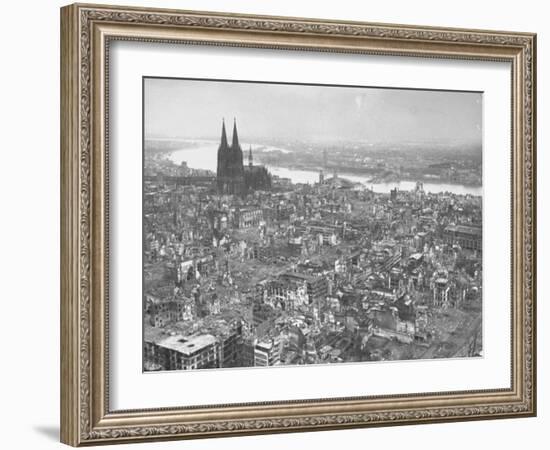 Aerial View of Cologne Showing Devastation of Allied Air Raids, Cathedral and Rhine River-John Florea-Framed Photographic Print