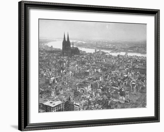 Aerial View of Cologne Showing Devastation of Allied Air Raids, Cathedral and Rhine River-John Florea-Framed Photographic Print