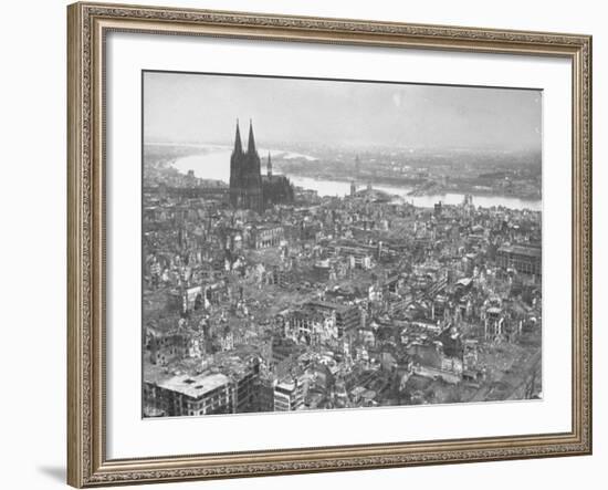 Aerial View of Cologne Showing Devastation of Allied Air Raids, Cathedral and Rhine River-John Florea-Framed Photographic Print