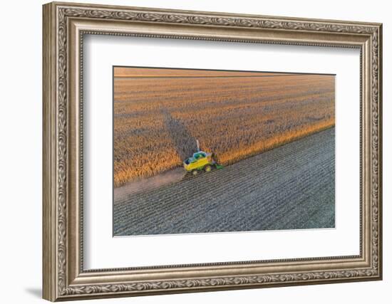 Aerial view of combine-harvester in field, Marion Co,. Illinois, USA-Panoramic Images-Framed Photographic Print