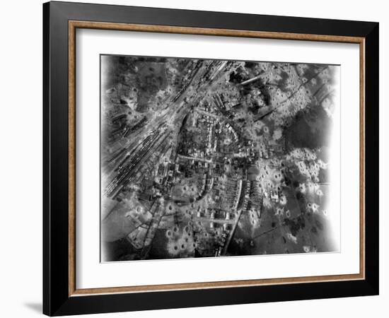 Aerial View of Crater-Riddle Railroad Junction at Bad Oldosloe after Allied Air Attack Nr. Lubeck-Margaret Bourke-White-Framed Photographic Print