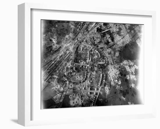 Aerial View of Crater-Riddle Railroad Junction at Bad Oldosloe after Allied Air Attack Nr. Lubeck-Margaret Bourke-White-Framed Photographic Print