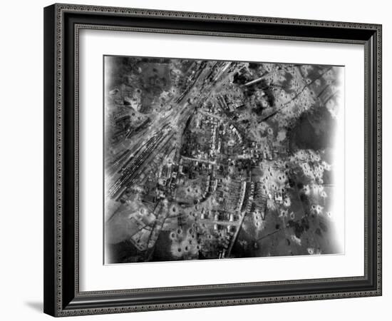 Aerial View of Crater-Riddle Railroad Junction at Bad Oldosloe after Allied Air Attack Nr. Lubeck-Margaret Bourke-White-Framed Photographic Print