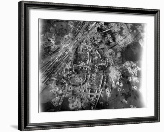 Aerial View of Crater-Riddle Railroad Junction at Bad Oldosloe after Allied Air Attack Nr. Lubeck-Margaret Bourke-White-Framed Photographic Print