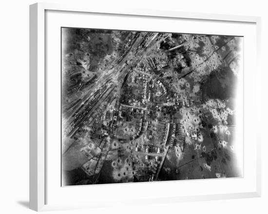 Aerial View of Crater-Riddle Railroad Junction at Bad Oldosloe after Allied Air Attack Nr. Lubeck-Margaret Bourke-White-Framed Photographic Print