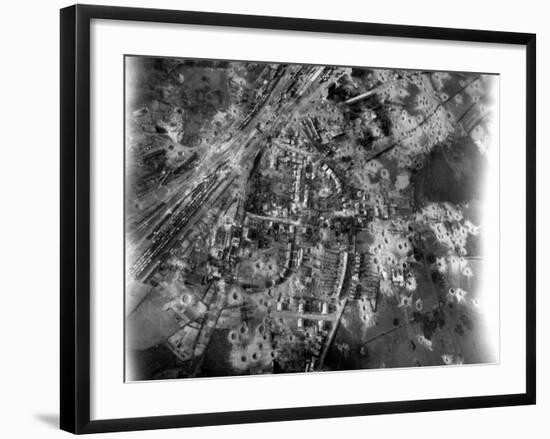 Aerial View of Crater-Riddle Railroad Junction at Bad Oldosloe after Allied Air Attack Nr. Lubeck-Margaret Bourke-White-Framed Photographic Print