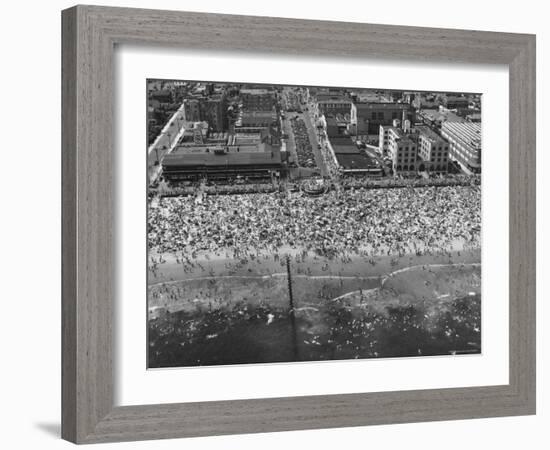 Aerial View of Crowds Enjoying a Hot 4th of July at Rockaway Beach-Sam Shere-Framed Photographic Print