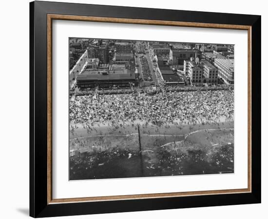 Aerial View of Crowds Enjoying a Hot 4th of July at Rockaway Beach-Sam Shere-Framed Photographic Print