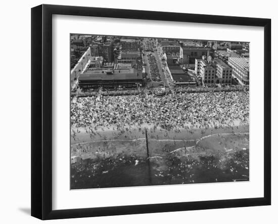 Aerial View of Crowds Enjoying a Hot 4th of July at Rockaway Beach-Sam Shere-Framed Photographic Print
