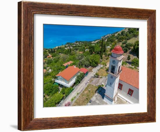 Aerial view of Greek Orthodox Church and coastline near Zola, Kefalonia, Ionian Islands-Frank Fell-Framed Photographic Print
