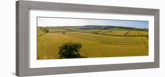 Aerial view of hay fields near Baslow village, Peak District National Park, Derbyshire, England-Frank Fell-Framed Photographic Print