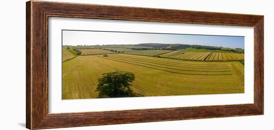 Aerial view of hay fields near Baslow village, Peak District National Park, Derbyshire, England-Frank Fell-Framed Photographic Print