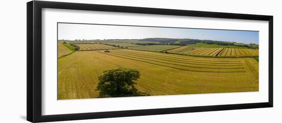 Aerial view of hay fields near Baslow village, Peak District National Park, Derbyshire, England-Frank Fell-Framed Photographic Print