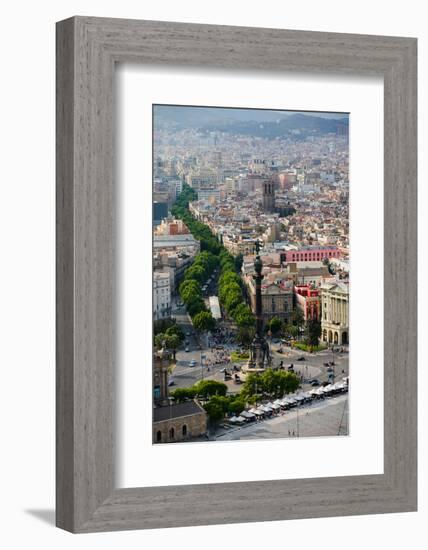 Aerial view of La Rambla near the waterfront with Columbus statue in Barcelona, Spain-null-Framed Photographic Print