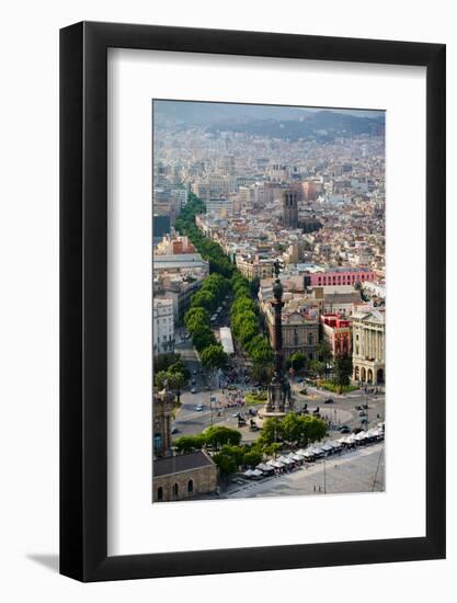 Aerial view of La Rambla near the waterfront with Columbus statue in Barcelona, Spain-null-Framed Photographic Print