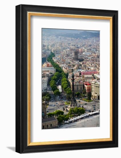 Aerial view of La Rambla near the waterfront with Columbus statue in Barcelona, Spain-null-Framed Photographic Print