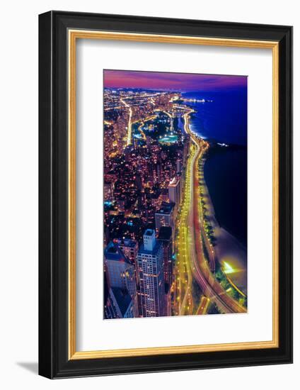 Aerial view of Lake Shore Drive by night, Chicago, Illinois, USA-null-Framed Photographic Print