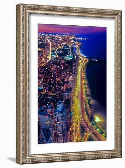 Aerial view of Lake Shore Drive by night, Chicago, Illinois, USA-null-Framed Premium Photographic Print
