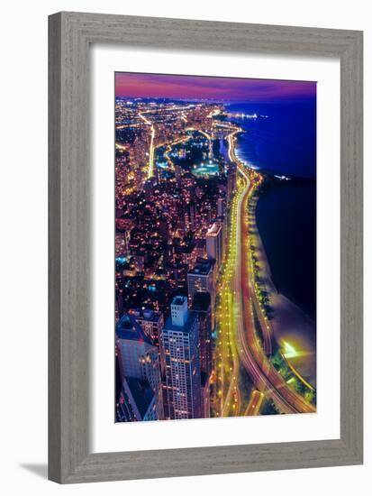 Aerial view of Lake Shore Drive by night, Chicago, Illinois, USA-null-Framed Premium Photographic Print