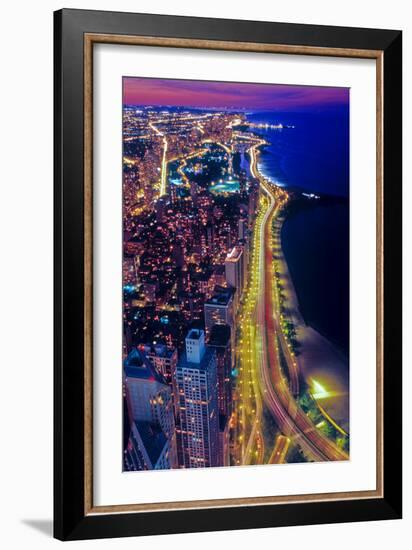 Aerial view of Lake Shore Drive by night, Chicago, Illinois, USA-null-Framed Premium Photographic Print