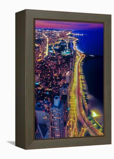 Aerial view of Lake Shore Drive by night, Chicago, Illinois, USA-null-Framed Premier Image Canvas