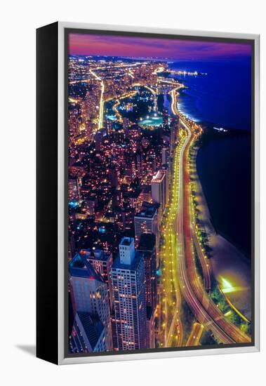 Aerial view of Lake Shore Drive by night, Chicago, Illinois, USA-null-Framed Premier Image Canvas