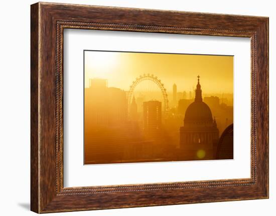 Aerial view of London skyline at sunset, including London Eye and St. Paul's Cathedral, London-Ed Hasler-Framed Photographic Print