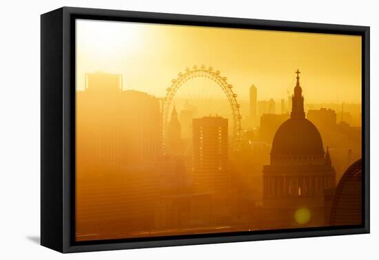 Aerial view of London skyline at sunset, including London Eye and St. Paul's Cathedral, London-Ed Hasler-Framed Premier Image Canvas