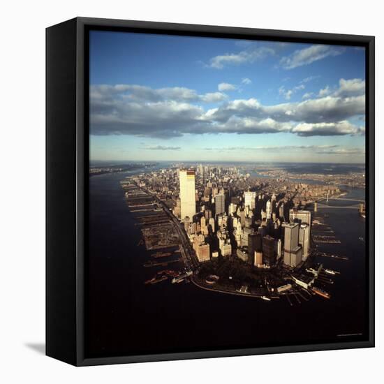 Aerial View of Lower Manhattan Skyline with Nearly Completed World Trade Center Towers-Henry Groskinsky-Framed Premier Image Canvas