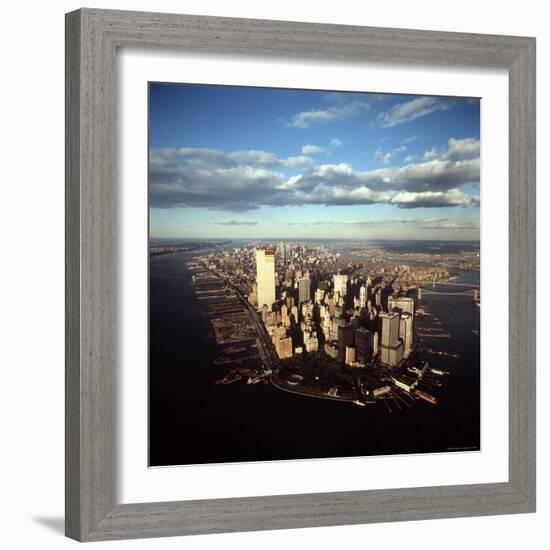 Aerial View of Lower Manhattan Skyline with Nearly Completed World Trade Center Towers-Henry Groskinsky-Framed Photographic Print