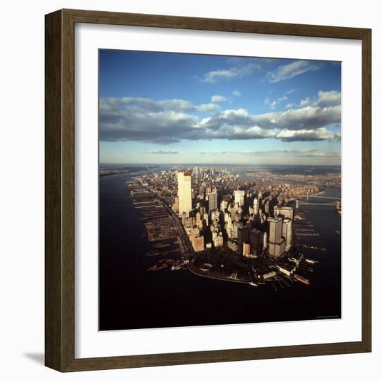 Aerial View of Lower Manhattan Skyline with Nearly Completed World Trade Center Towers-Henry Groskinsky-Framed Photographic Print
