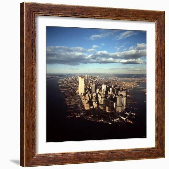 Aerial View of Lower Manhattan Skyline with Nearly Completed World Trade Center Towers-Henry Groskinsky-Framed Photographic Print